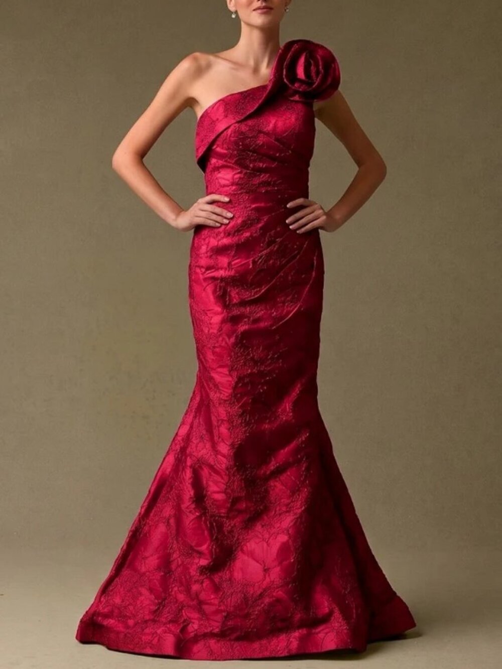 RED FORMAL DRESS. ONE SHOULDER JACQUARD SAGE GREEN MOTHER OF THE BRIDE PARTY